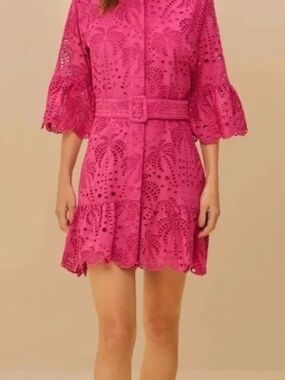 FARM Rio Eyelet Belted Mini Dress in Fuchsia Pink